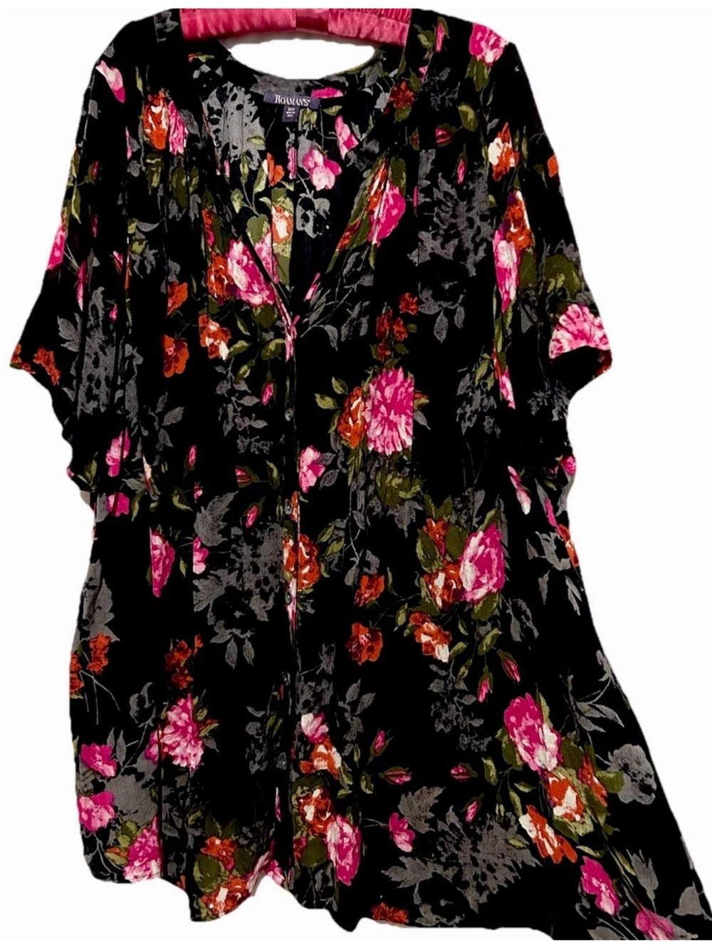 Roaman’s Top 28 Cute Floral Button Down Flowy Rayon Shirt Blouse Plus Size 28W